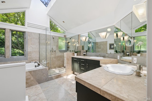 37 Rancheria Rd, Kentfield, CA 94904 - bathroom featuring vanity, a bath, a shower stall, vaulted ceiling, and tile patterned floors