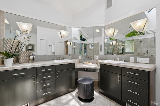 37 Rancheria Rd, Kentfield, CA 94904 - full bath featuring lofted ceiling, vanity, tasteful backsplash, tile patterned flooring, and a shower