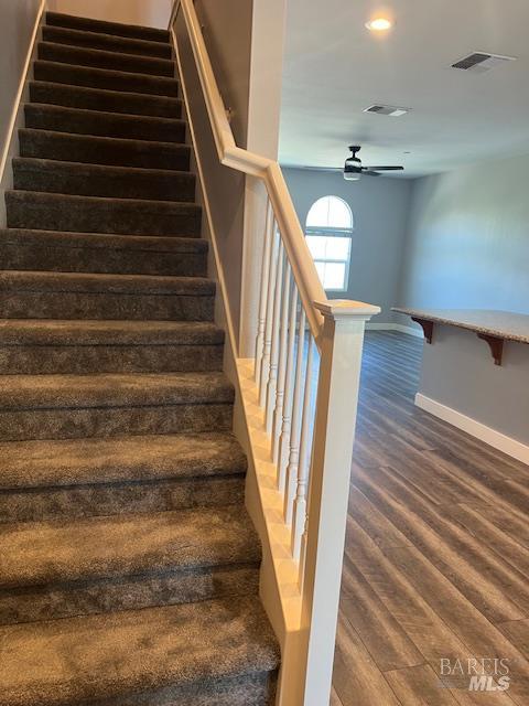 126 Johnson St, Windsor, CA 95492 - stairway with a ceiling fan, baseboards, wood finished floors, and recessed lighting