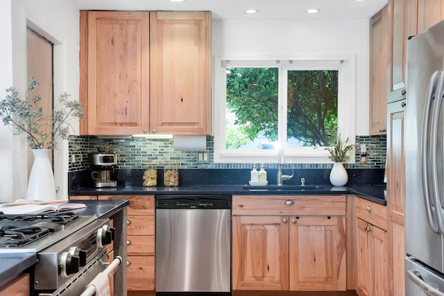 480 Via Del Plano, Novato, CA 94949 - kitchen with stainless steel appliances, a sink, light brown cabinetry, dark countertops, and recessed lighting