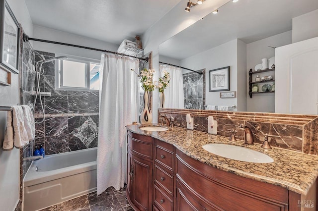 480 Via Del Plano, Novato, CA 94949 - full bathroom with marble look tile flooring, shower / bath combination with curtain, and double vanity