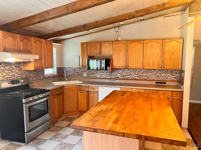 423 Gardiner Way, Rio Vista, CA 94571 - kitchen featuring stainless steel gas stove, under cabinet range hood, a sink, butcher block counters, and white dishwasher