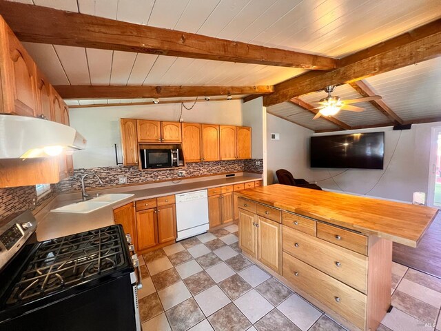 423 Gardiner Way, Rio Vista, CA 94571 - kitchen featuring stainless steel gas stove, dishwasher, black microwave, ventilation hood, and tasteful backsplash