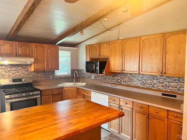 423 Gardiner Way, Rio Vista, CA 94571 - kitchen featuring stainless steel range with gas stovetop, range hood, butcher block counters, a sink, and black microwave