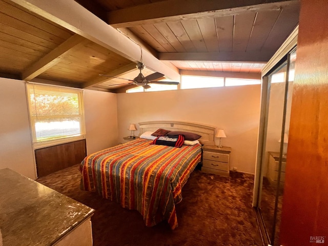 423 Gardiner Way, Rio Vista, CA 94571 - bedroom with wooden ceiling, dark carpet, and a ceiling fan