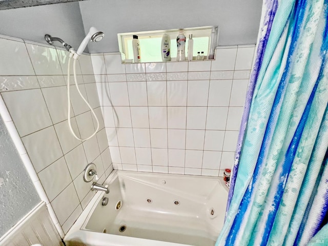9826 Meadow Dr, Cobb, CA 95426 - bathroom with a textured wall, shower / bath combination with curtain, vanity, and decorative backsplash