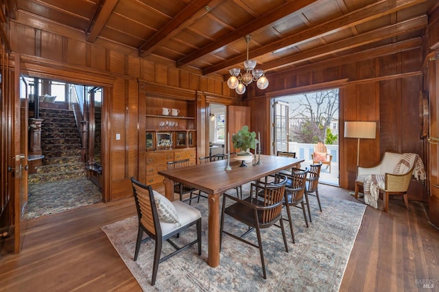 8 Keller St, Petaluma, CA 94952 - dining room with wooden ceiling with exposed beams, wood walls, a chandelier, plenty of natural light, and stairs