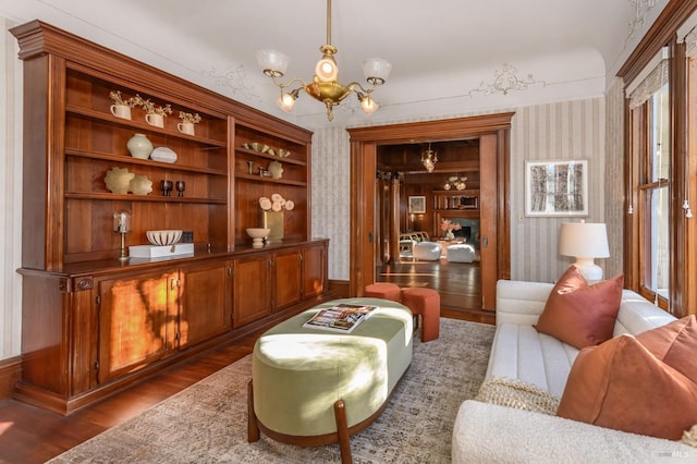 8 Keller St, Petaluma, CA 94952 - living area featuring wallpapered walls, a chandelier, and dark wood-style flooring