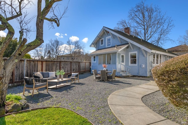 8 Keller St, Petaluma, CA 94952 - rear view of property with an outdoor living space, entry steps, a chimney, and a patio