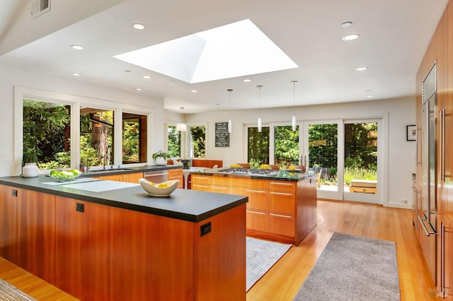 3 Wainwright Pl, Mill Valley, CA 94941 - kitchen with dark countertops, a large island, a skylight, a sink, and appliances with stainless steel finishes
