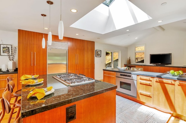 3 Wainwright Pl, Mill Valley, CA 94941 - kitchen featuring stainless steel appliances, a skylight, modern cabinets, brown cabinets, and recessed lighting