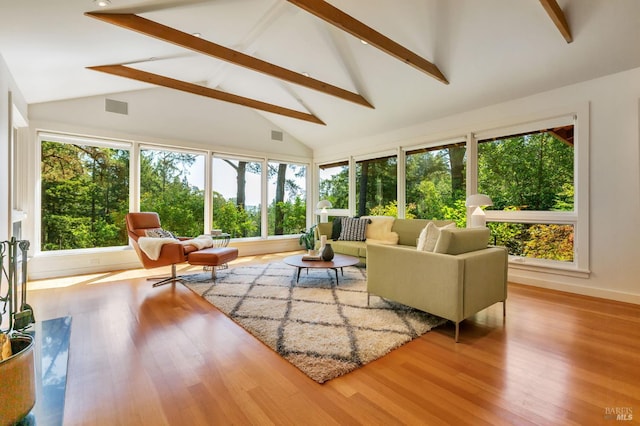 3 Wainwright Pl, Mill Valley, CA 94941 - living room featuring healthy amount of natural light, beamed ceiling, high vaulted ceiling, wood finished floors, and baseboards