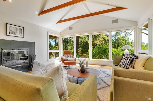 3 Wainwright Pl, Mill Valley, CA 94941 - living area with high vaulted ceiling, wood finished floors, beam ceiling, and recessed lighting