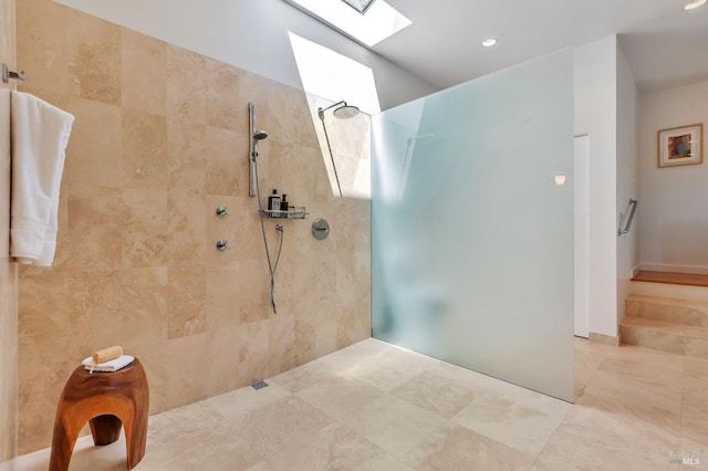 3 Wainwright Pl, Mill Valley, CA 94941 - bathroom with a skylight, a walk in shower, recessed lighting, and tile patterned flooring