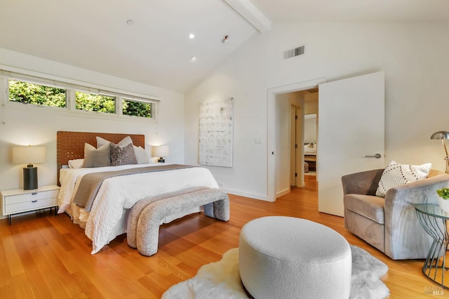 3 Wainwright Pl, Mill Valley, CA 94941 - bedroom featuring beamed ceiling, high vaulted ceiling, wood finished floors, and baseboards