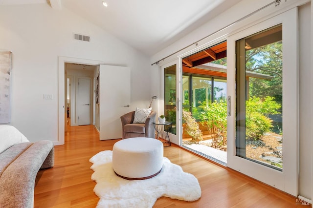 3 Wainwright Pl, Mill Valley, CA 94941 - living area featuring light wood-style floors, high vaulted ceiling, and beam ceiling