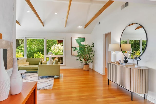 3 Wainwright Pl, Mill Valley, CA 94941 - living room with beam ceiling, plenty of natural light, light wood-type flooring, baseboards, and high vaulted ceiling