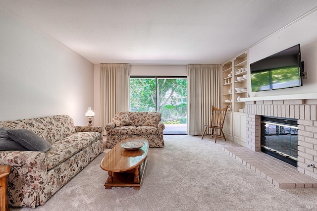 326 Stone Creek Cir, Santa Rosa, CA 95409 - living room featuring carpet flooring, a brick fireplace, and built in shelves
