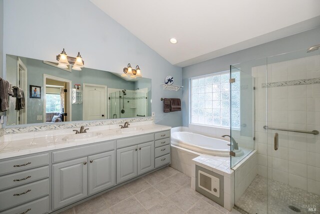 230 Clear Ridge Dr, Healdsburg, CA 95448 - full bath featuring vaulted ceiling, a garden tub, a stall shower, double vanity, and tile patterned floors