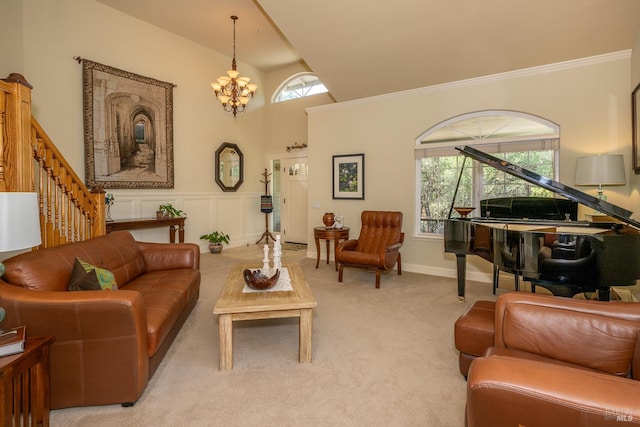 230 Clear Ridge Dr, Healdsburg, CA 95448 - living room featuring carpet floors, a chandelier, stairs, high vaulted ceiling, and wainscoting