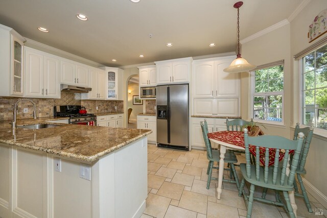 230 Clear Ridge Dr, Healdsburg, CA 95448 - kitchen featuring appliances with stainless steel finishes, under cabinet range hood, arched walkways, tasteful backsplash, and light stone countertops