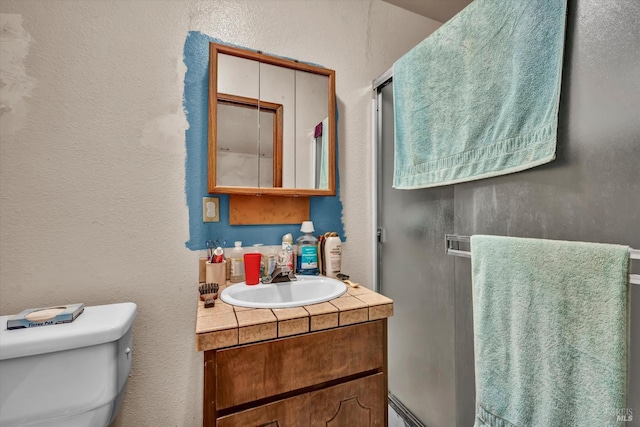 16545 Mountain View Dr, Cobb, CA 95426 - full bath featuring toilet, vanity, a stall shower, and a textured wall