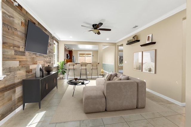 7437 Bloomsbury Way, Elk Grove, CA 95757 - living room featuring a ceiling fan, light tile patterned flooring, baseboards, crown molding, and recessed lighting