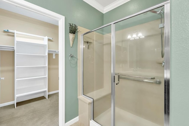 7437 Bloomsbury Way, Elk Grove, CA 95757 - full bath with crown molding, a stall shower, a spacious closet, and baseboards