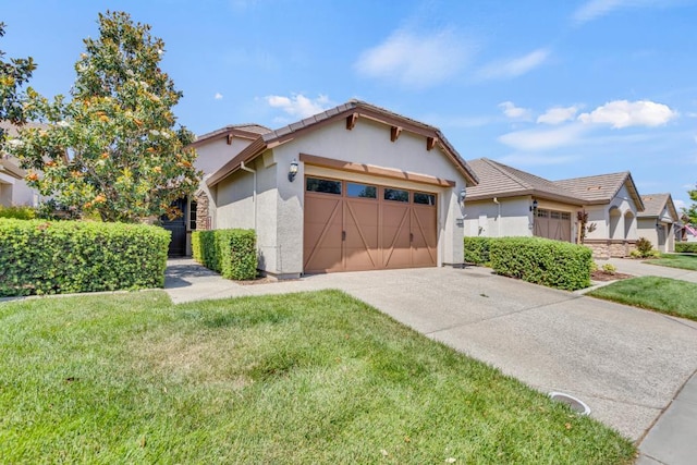 7437 Bloomsbury Way, Elk Grove, CA 95757 - view of front facade with an attached garage, stucco siding, driveway, a front yard, and a tile roof