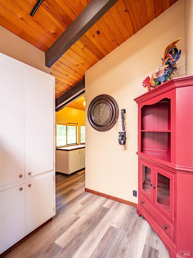 7701 Signal Ridge Rd, Philo, CA 95466 - hallway with light wood-style floors, wood ceiling with exposed beams, and baseboards