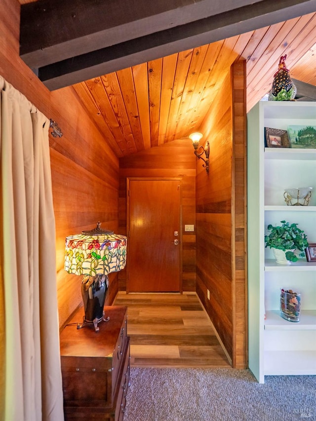 7701 Signal Ridge Rd, Philo, CA 95466 - doorway to outside featuring wood walls, lofted ceiling, carpet floors, and wood ceiling
