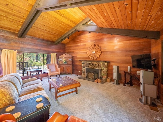 7701 Signal Ridge Rd, Philo, CA 95466 - living room featuring wooden walls, wooden ceiling, and carpet flooring