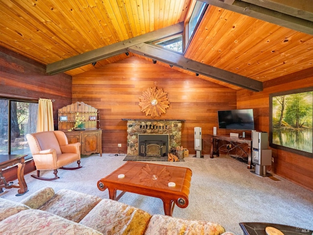 7701 Signal Ridge Rd, Philo, CA 95466 - living room with wood walls, carpet flooring, and wooden ceiling