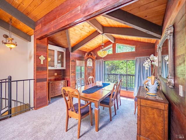 7701 Signal Ridge Rd, Philo, CA 95466 - dining room with wooden ceiling, carpet floors, and wood walls