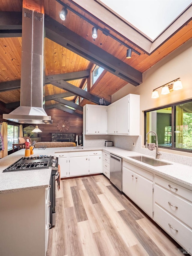7701 Signal Ridge Rd, Philo, CA 95466 - kitchen featuring stainless steel appliances, a sink, wooden ceiling, island exhaust hood, and light wood-type flooring