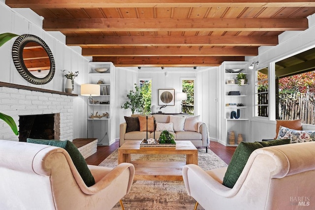 995 Greenhill Rd, Mill Valley, CA 94941 - living room featuring wooden ceiling with exposed beams, wood finished floors, and a brick fireplace