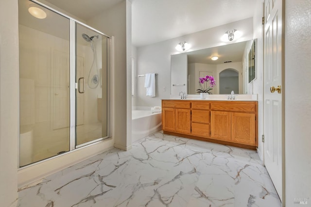 8046 Mason Dr, Rohnert Park, CA 94928 - full bath featuring a garden tub, a shower stall, double vanity, and marble finish floors