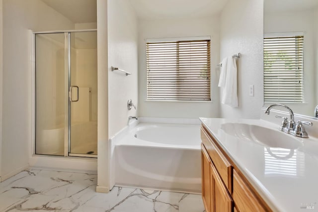 8046 Mason Dr, Rohnert Park, CA 94928 - bathroom featuring a stall shower, a garden tub, vanity, and marble finish floors