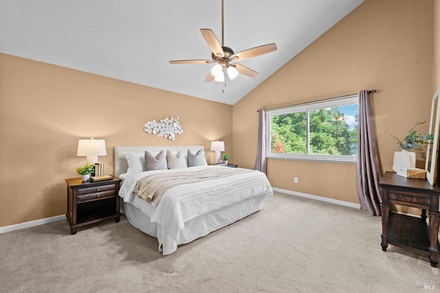 431 Inverness Way, Vacaville, CA 95687 - bedroom featuring baseboards, light carpet, high vaulted ceiling, and ceiling fan