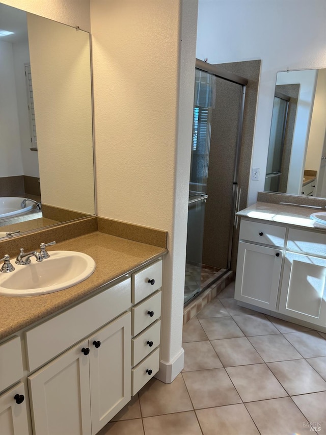 5 Sequoia Rd, San Rafael, CA 94903 - bathroom featuring vanity, tile patterned flooring, a stall shower, and a garden tub