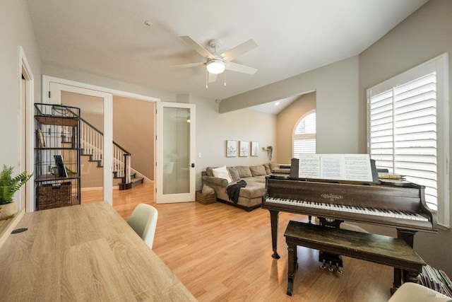1238 Darling St, Napa, CA 94558 - living room with ceiling fan, stairs, light wood-style flooring, and french doors