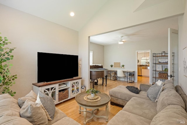 1238 Darling St, Napa, CA 94558 - living room with a ceiling fan, wood finished floors, high vaulted ceiling, and recessed lighting