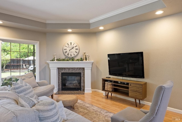 1238 Darling St, Napa, CA 94558 - living area featuring crown molding, recessed lighting, wood finished floors, a premium fireplace, and a raised ceiling