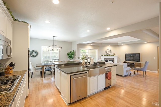 1238 Darling St, Napa, CA 94558 - kitchen featuring dark countertops, stainless steel appliances, a fireplace, light wood-style flooring, and recessed lighting