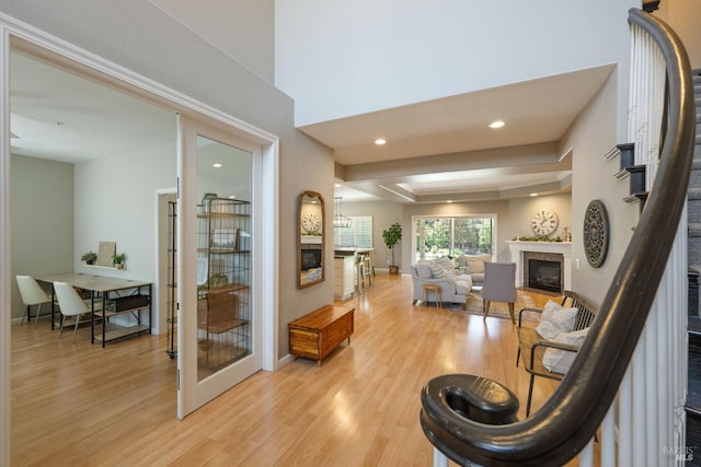 1238 Darling St, Napa, CA 94558 - living area featuring a glass covered fireplace, light wood-style floors, and recessed lighting