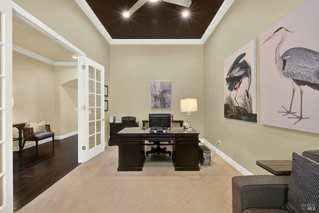 2986 Pebble Beach Cir, Fairfield, CA 94534 - office featuring french doors, ornamental molding, baseboards, a ceiling fan, and carpet floors