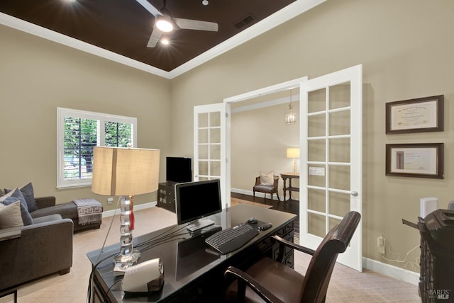 2986 Pebble Beach Cir, Fairfield, CA 94534 - office with french doors, crown molding, a ceiling fan, and baseboards