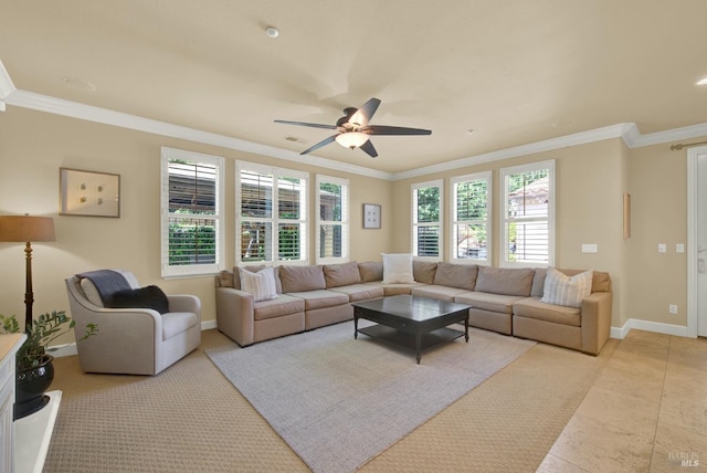 2986 Pebble Beach Cir, Fairfield, CA 94534 - living area featuring crown molding, a ceiling fan, and baseboards