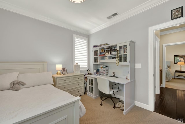 2986 Pebble Beach Cir, Fairfield, CA 94534 - bedroom with crown molding, an office area, light colored carpet, and baseboards