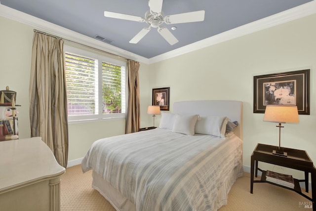 2986 Pebble Beach Cir, Fairfield, CA 94534 - bedroom featuring light carpet, baseboards, crown molding, and a ceiling fan